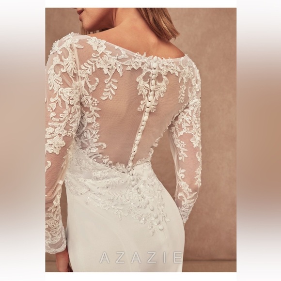 Azazie MISTIE Diamond White Mermaid V-Neck Sequins Crepe wedding Dress - Picture 7 of 12